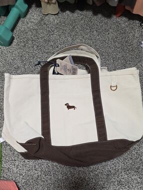 Canvas Tote Bag with Brown Trim and Dachshund Embroidery